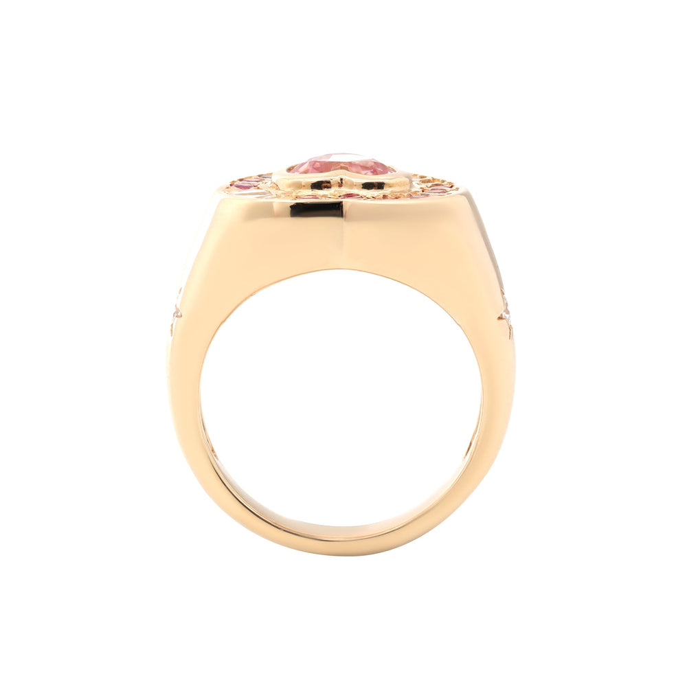Heart-Shaped Sakura Pink Lab Sapphire Bezel Ring with Rainbow Halo - FIORESE JEWELRY