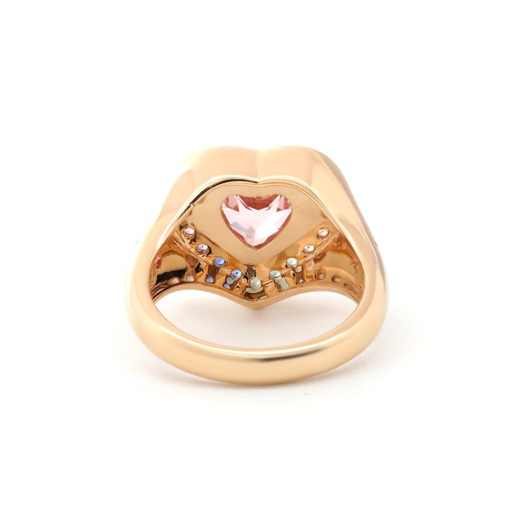Heart-Shaped Sakura Pink Lab Sapphire Bezel Ring with Rainbow Halo - FIORESE JEWELRY