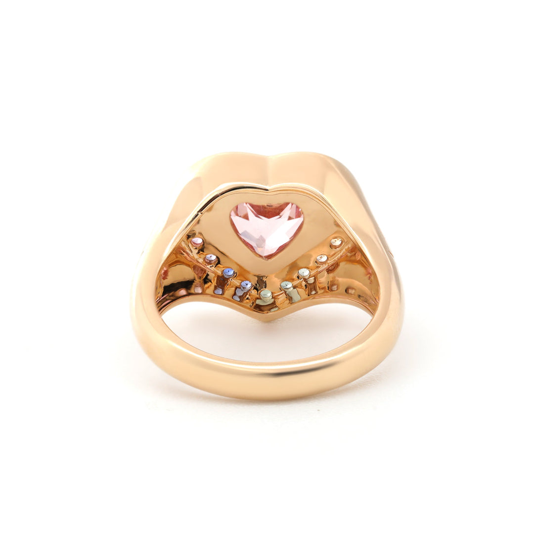 Heart-Shaped Sakura Pink Lab Sapphire Bezel Ring with Rainbow Halo - FIORESE JEWELRY