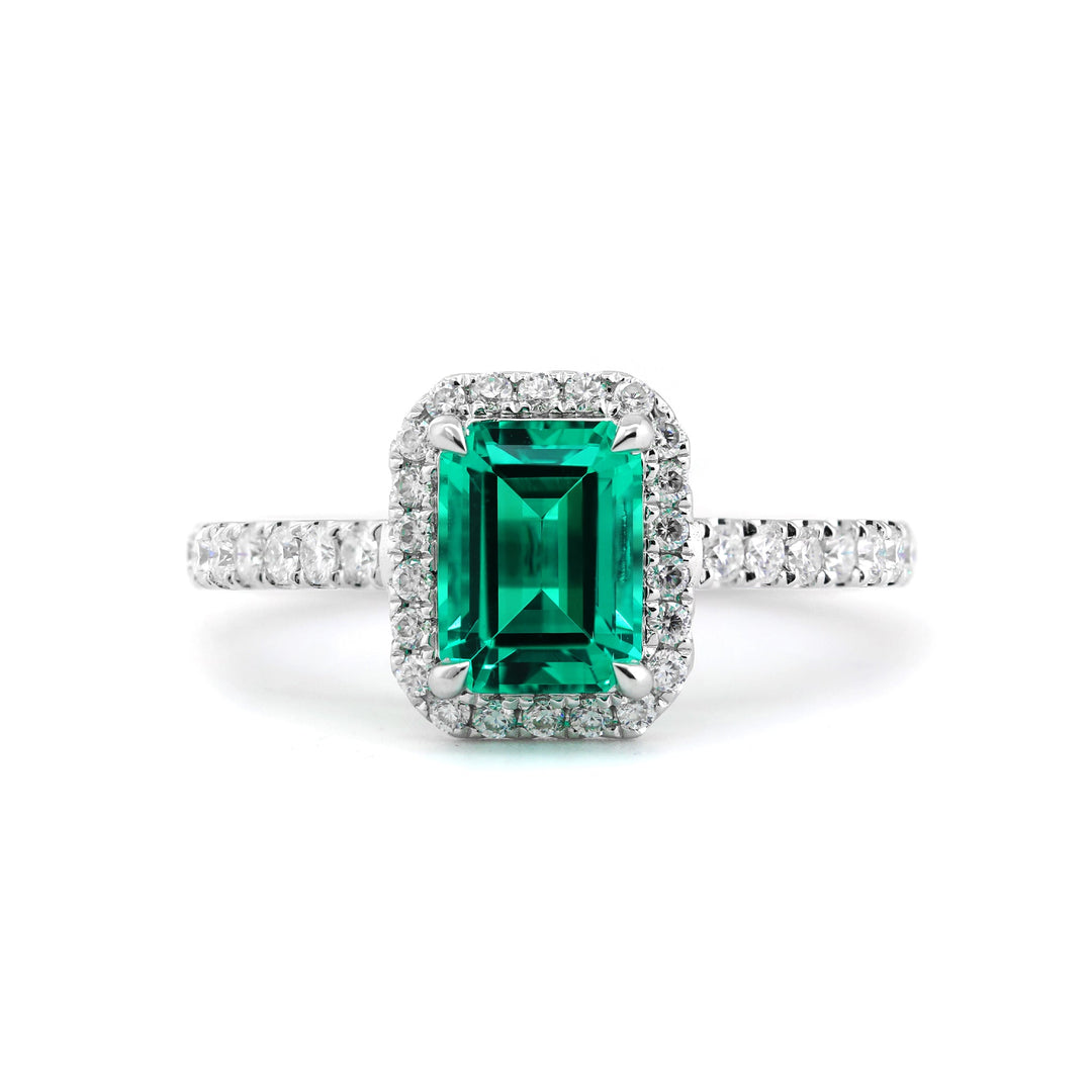 Lab Colombian Emerald Halo Ring with Floating Design - FIORESE JEWELRY