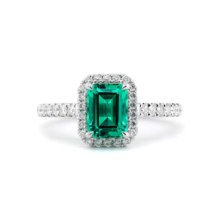 Lab Colombian Emerald Halo Ring with Floating Design - FIORESE JEWELRY