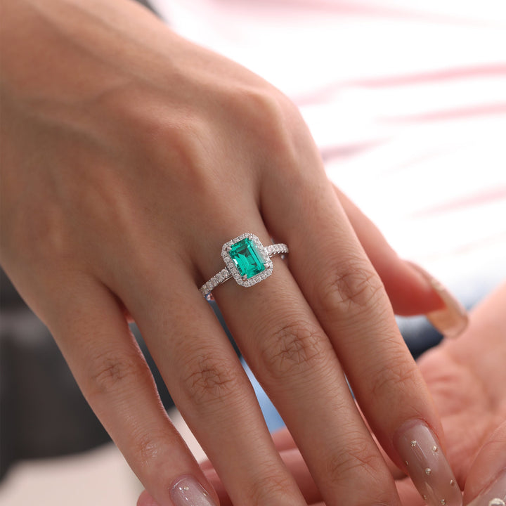 Lab Colombian Emerald Halo Ring with Floating Design - FIORESE JEWELRY