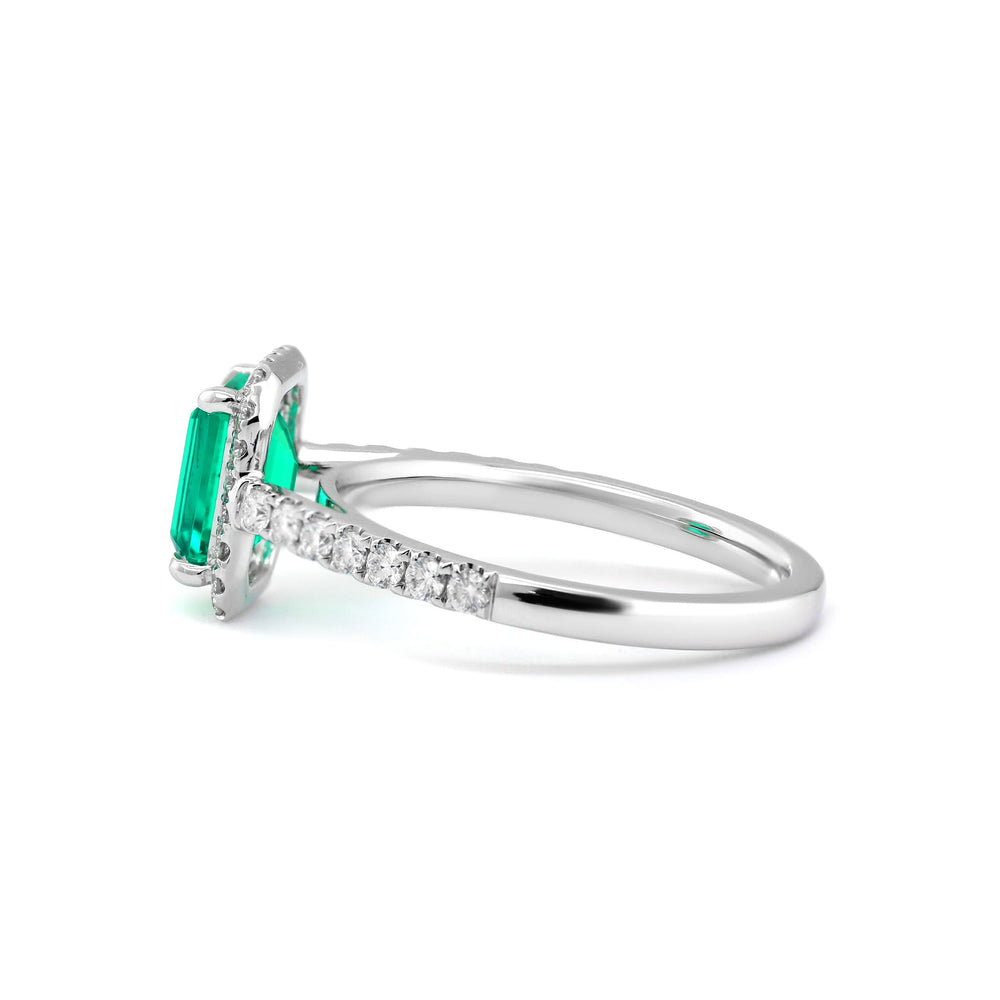 Lab Colombian Emerald Halo Ring with Floating Design - FIORESE JEWELRY