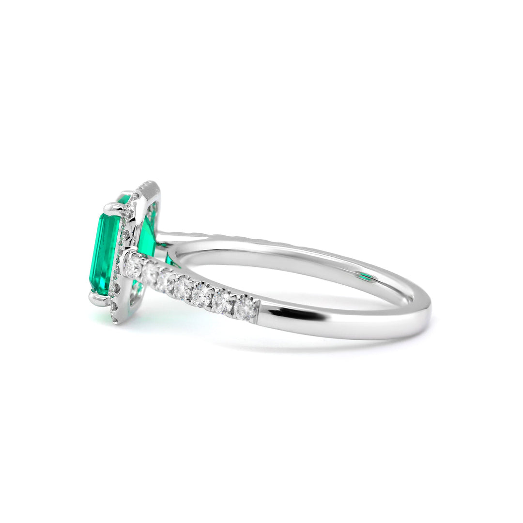 Lab Colombian Emerald Halo Ring with Floating Design - FIORESE JEWELRY