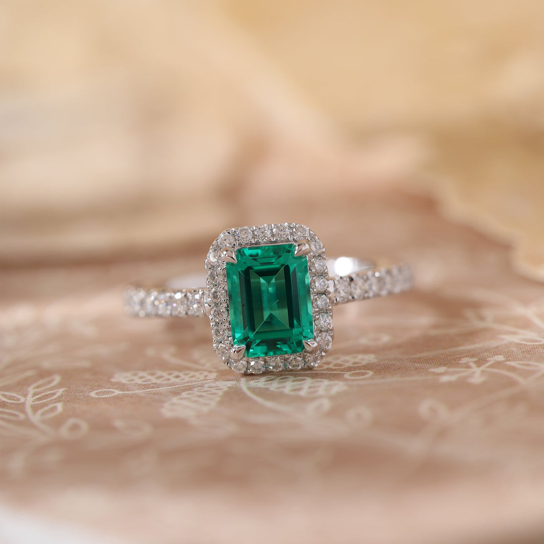 Lab Colombian Emerald Halo Ring with Floating Design - FIORESE JEWELRY