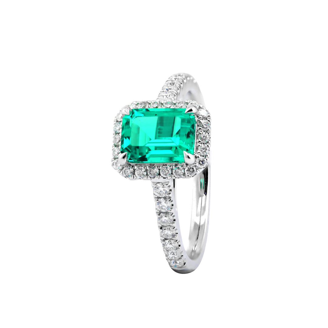 Lab Colombian Emerald Halo Ring with Floating Design - FIORESE JEWELRY
