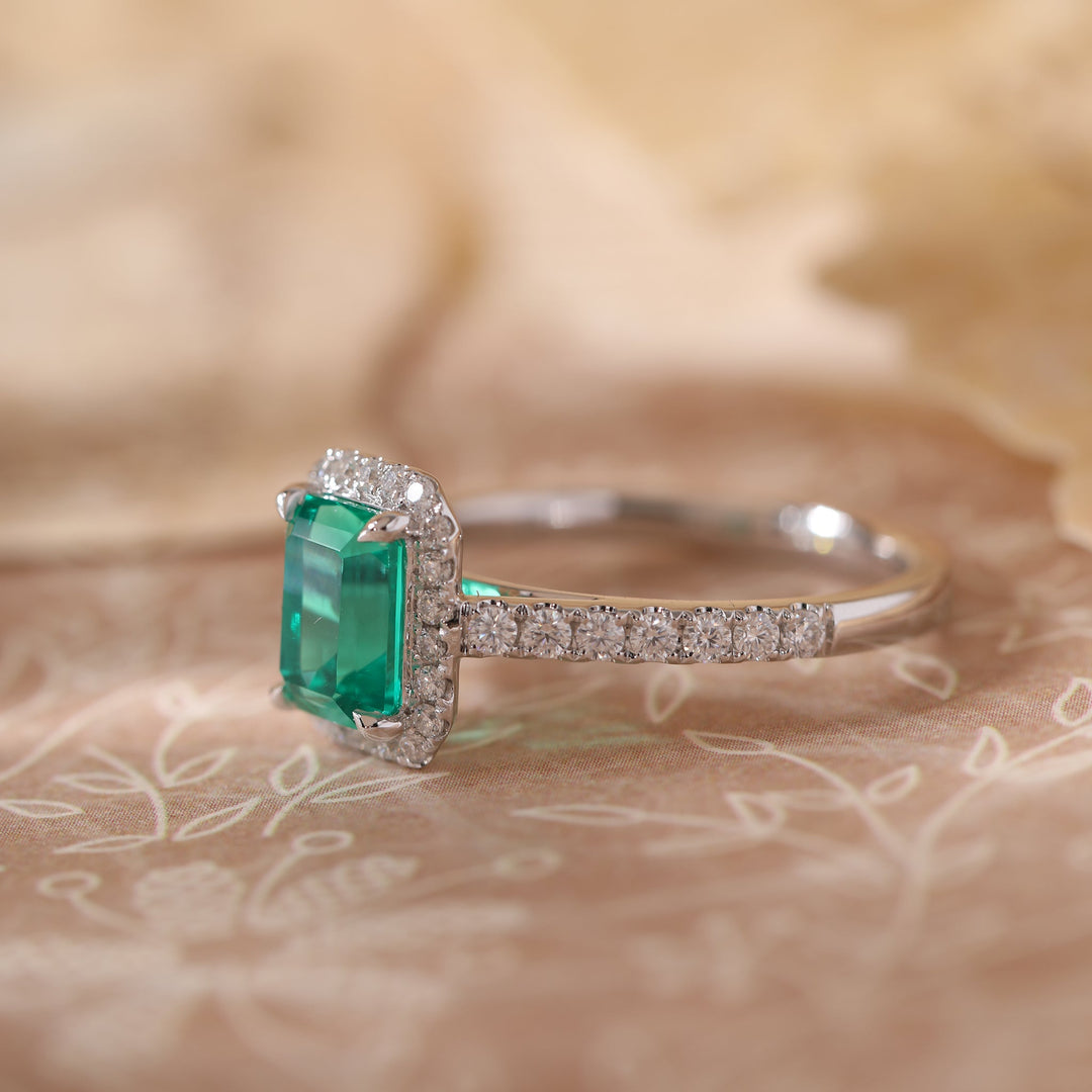 Lab Colombian Emerald Halo Ring with Floating Design - FIORESE JEWELRY