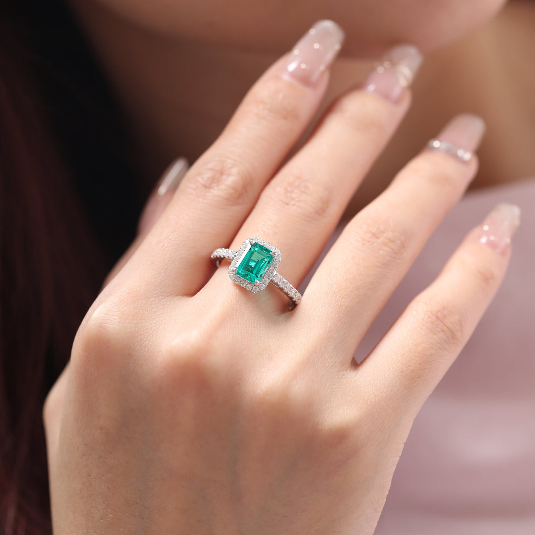 Lab Colombian Emerald Halo Ring with Floating Design - FIORESE JEWELRY