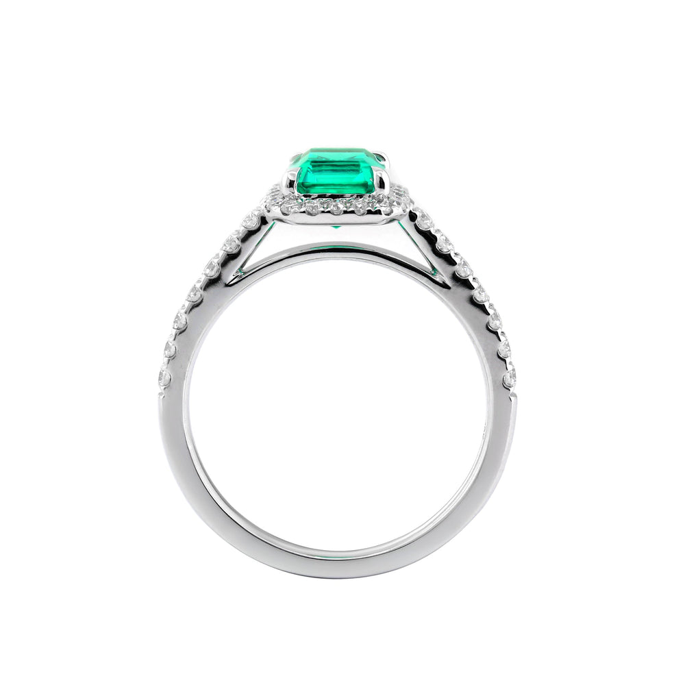 Lab Colombian Emerald Halo Ring with Floating Design - FIORESE JEWELRY