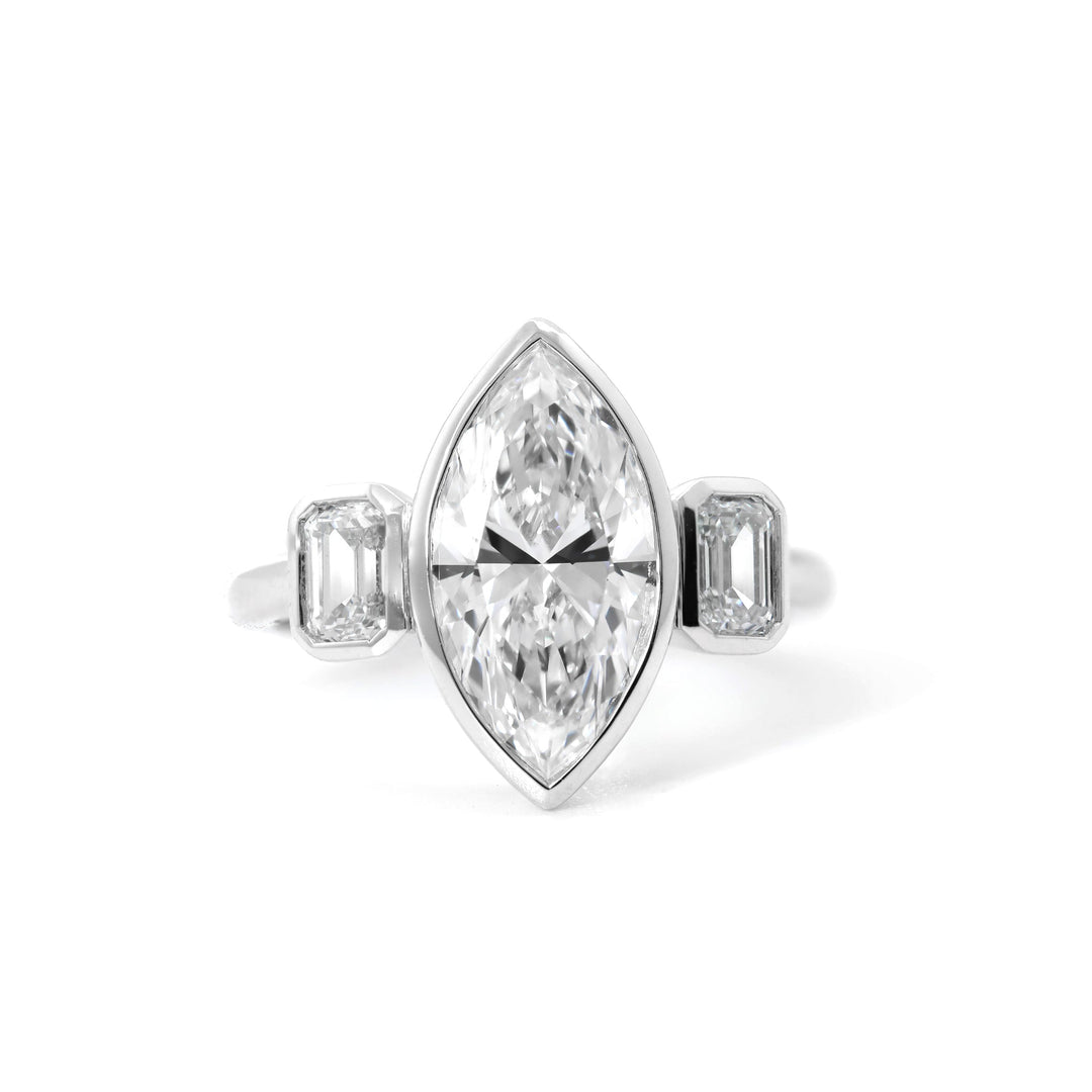 Marquise Brilliant Cut Lab Diamond Three Stone Ring Paired with Two Emerald - Cut Lab Diamond - FIORESE JEWELRY