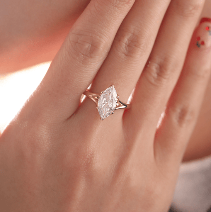 Marquise-Cut Lab Diamond Ring with Tulip Basket, Hidden Halo and Split Band - FIORESE JEWELRY
