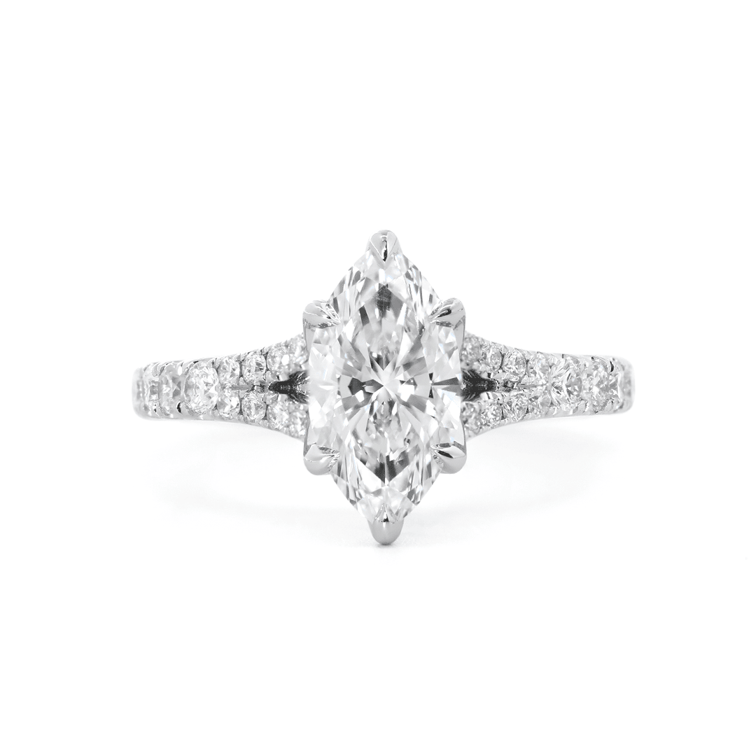 Marquise Cut Lab Diamond Six Claw Prongs Floral Basket Ring — With Round Lab Diamond Pave Split Band Design - FIORESE JEWELRY