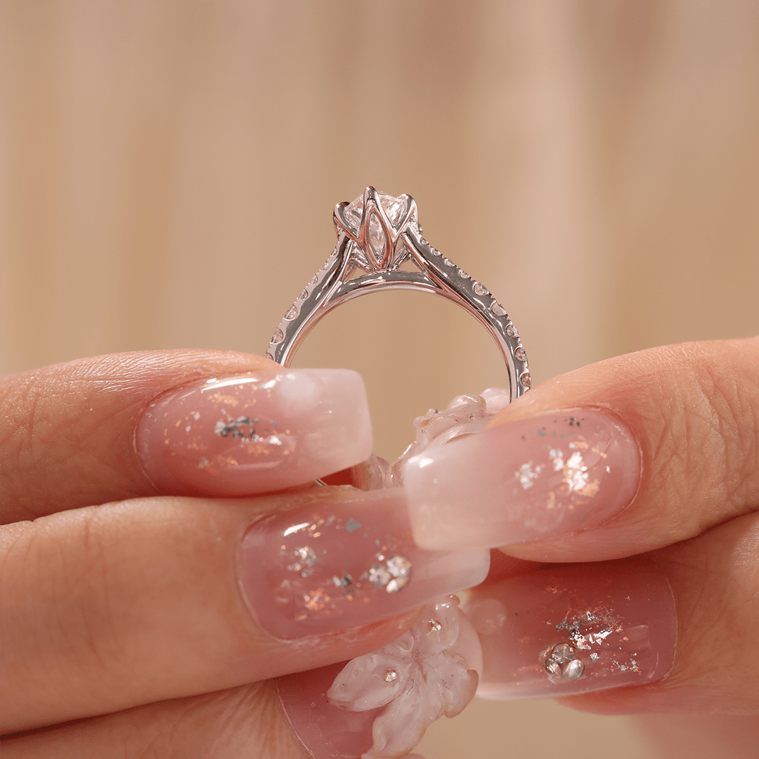 Marquise Cut Lab Diamond Six Claw Prongs Floral Basket Ring — With Round Lab Diamond Pave Split Band Design - FIORESE JEWELRY