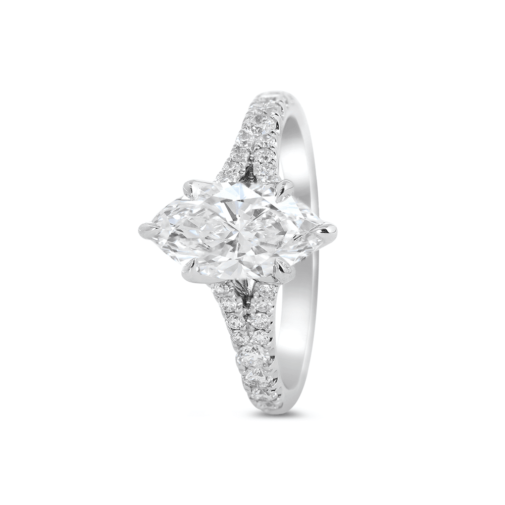 Marquise Cut Lab Diamond Six Claw Prongs Floral Basket Ring — With Round Lab Diamond Pave Split Band Design - FIORESE JEWELRY