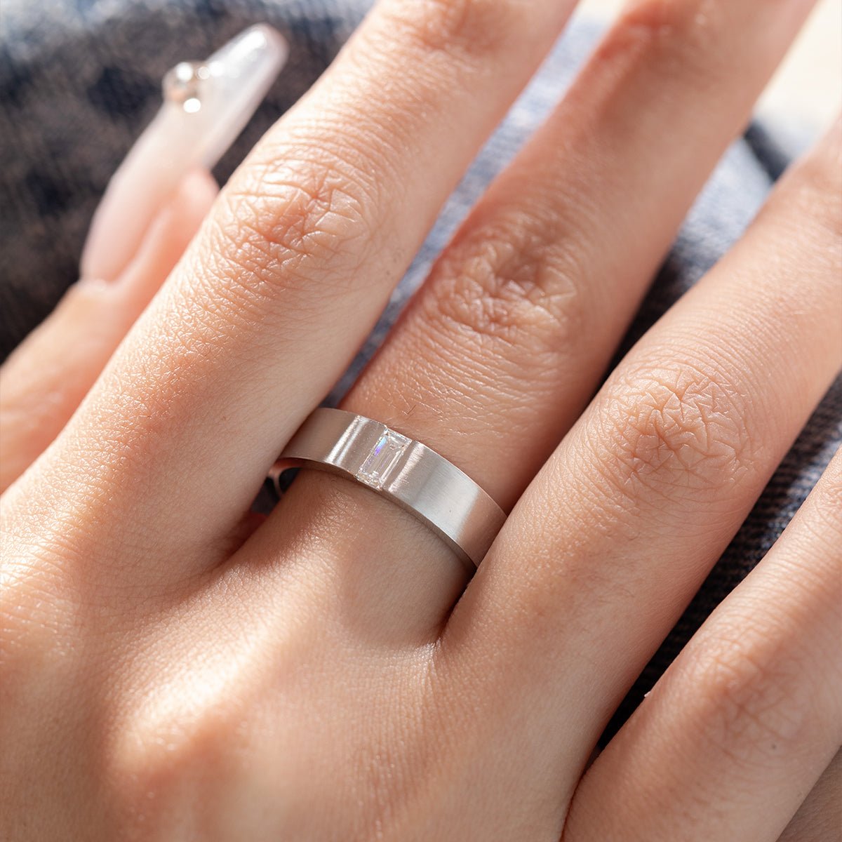 Men's Ring with Baguette - Cut Lab Diamond and Brushed Metal Finish - FIORESE JEWELRY