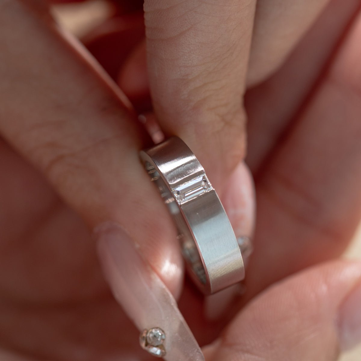 Men's Ring with Baguette-Cut Lab Diamond and Brushed Metal Finish