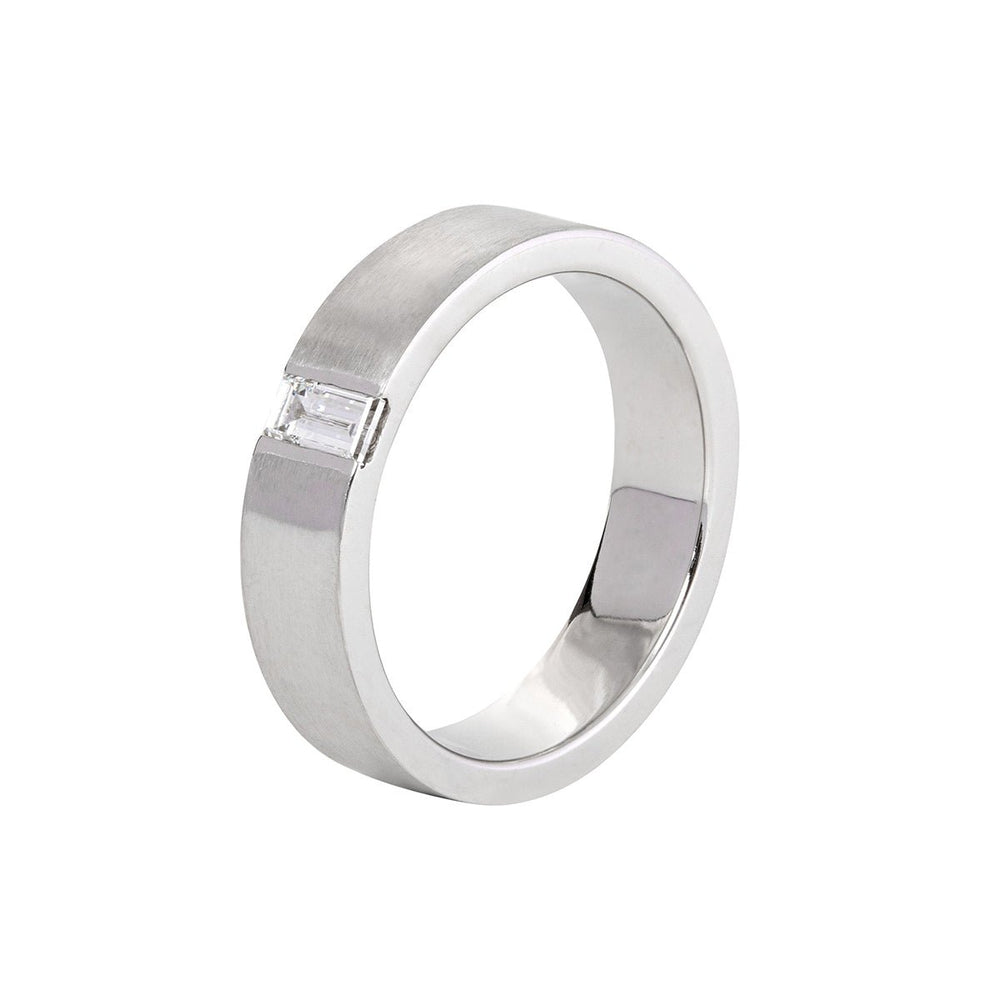Men's Ring with Baguette - Cut Lab Diamond and Brushed Metal Finish - FIORESE JEWELRY