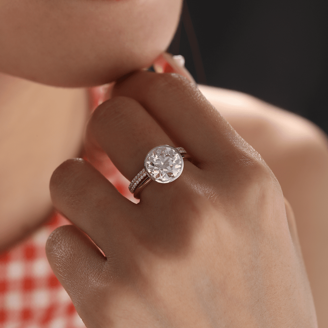 Old European Cut Lab Diamond Bezel Bridal Ring Set — Engagement Ring with Double - Row Pavé Half Eternity Wedding Band - FIORESE JEWELRY