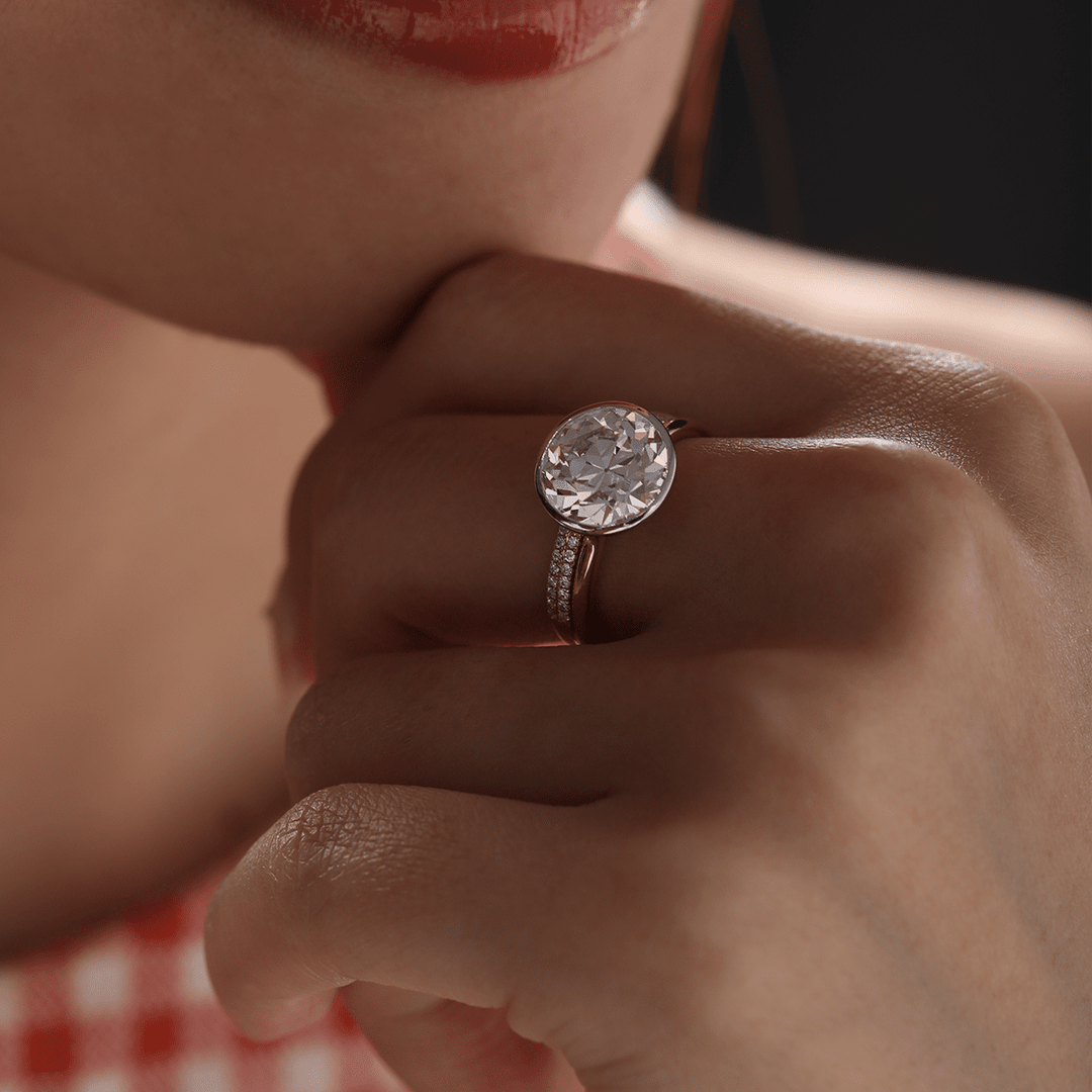 Old European Cut Lab Diamond Bezel Bridal Ring Set — Engagement Ring with Double - Row Pavé Half Eternity Wedding Band - FIORESE JEWELRY