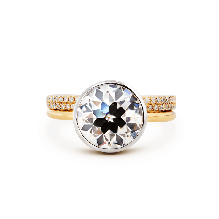 Old European Cut Lab Diamond Bezel Bridal Ring Set — Engagement Ring with Double - Row Pavé Half Eternity Wedding Band - FIORESE JEWELRY
