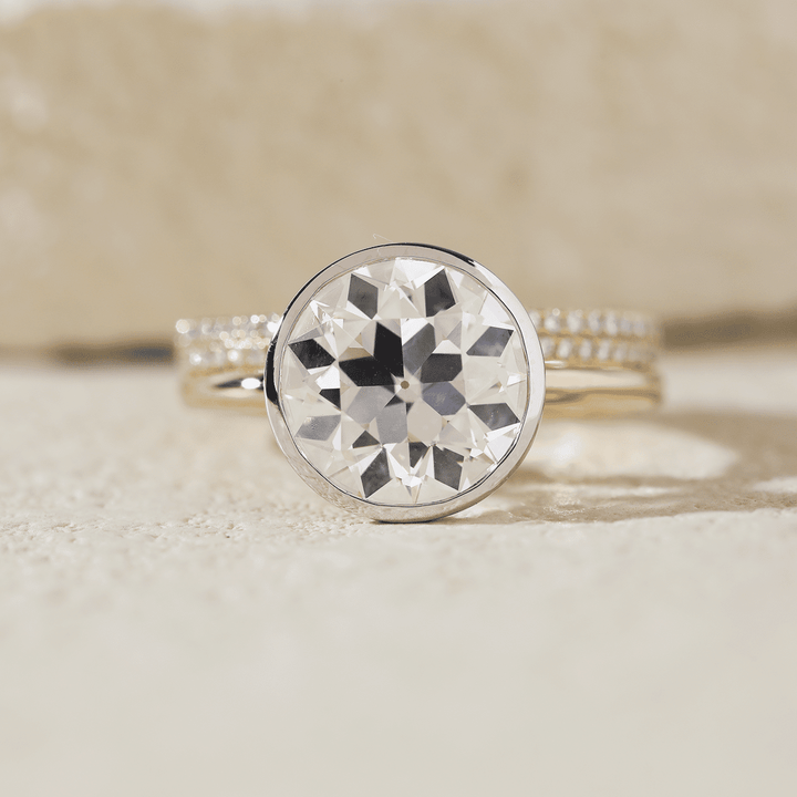 Old European Cut Lab Diamond Bezel Bridal Ring Set — Engagement Ring with Double - Row Pavé Half Eternity Wedding Band - FIORESE JEWELRY