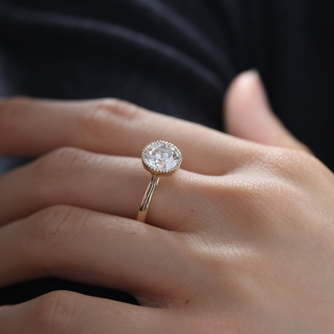 Old European-Cut Lab Diamond Bezel Solitaire Ring with Floral Basket - FIORESE JEWELRY