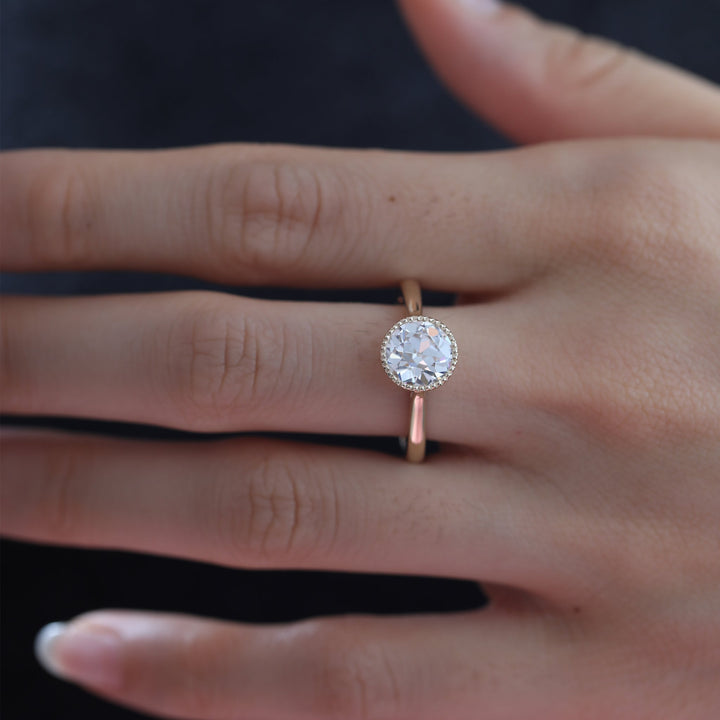 Old European-Cut Lab Diamond Bezel Solitaire Ring with Floral Basket - FIORESE JEWELRY