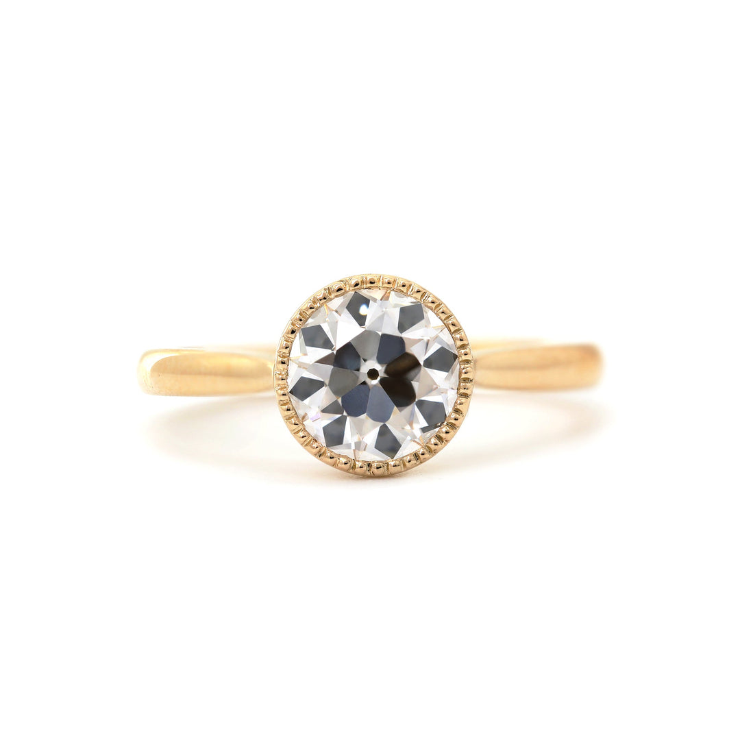 Old European-Cut Lab Diamond Bezel Solitaire Ring with Floral Basket - FIORESE JEWELRY