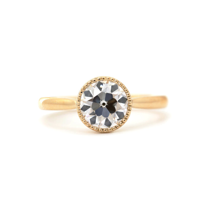 Old European-Cut Lab Diamond Bezel Solitaire Ring with Floral Basket - FIORESE JEWELRY