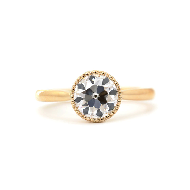 Old European-Cut Lab Diamond Bezel Solitaire Ring with Floral Basket - FIORESE JEWELRY