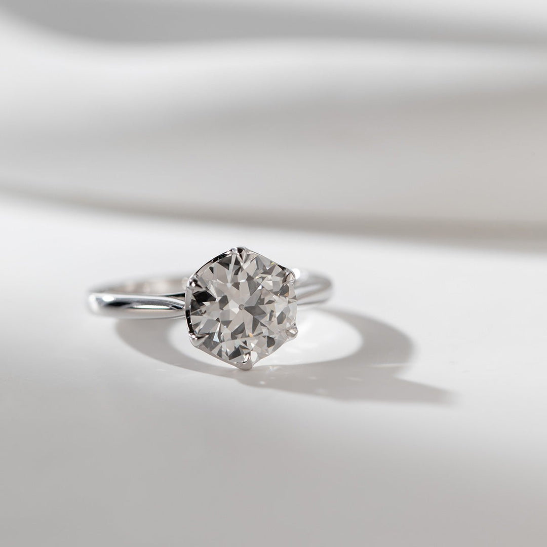 Old European Cut Lab Diamond Solitaire Ring with Floral Basket Setting - FIORESE JEWELRY
