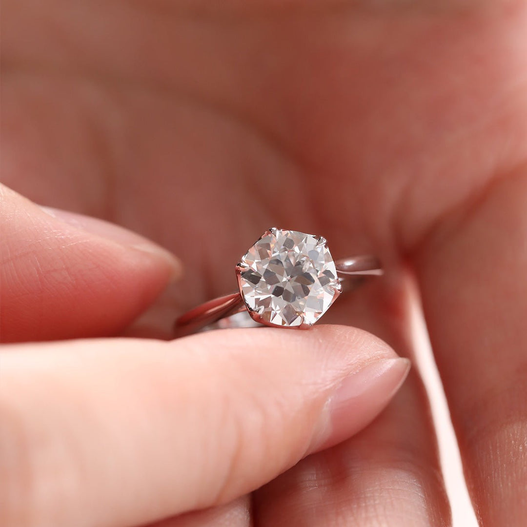 Old European Cut Lab Diamond Solitaire Ring with Floral Basket Setting - FIORESE JEWELRY