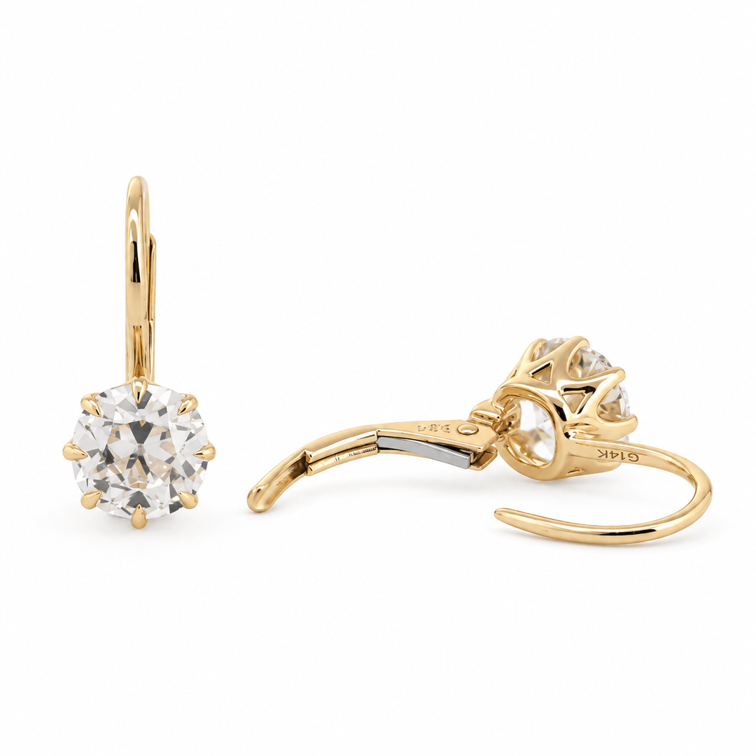 Old Mine Cut Diamond Crown Leverback Drop Earrings - FIORESE JEWELRY