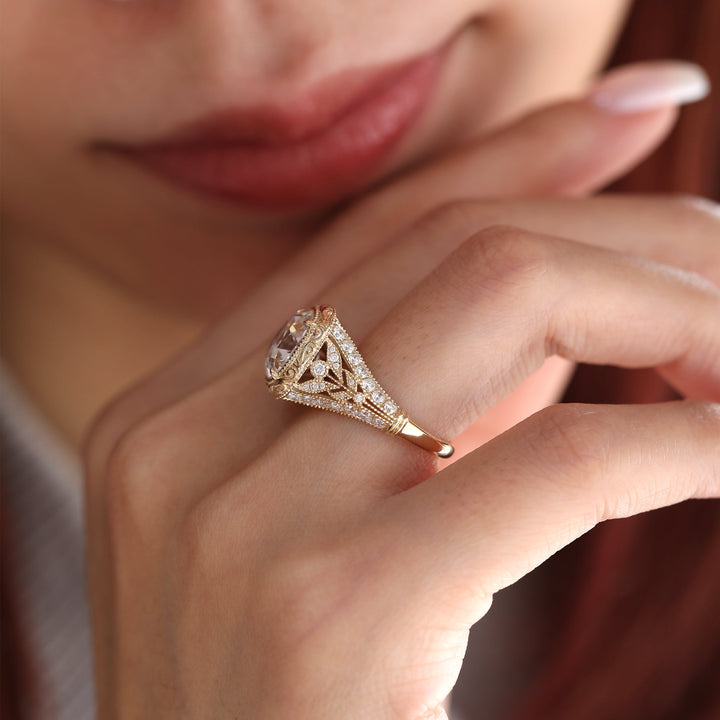 Old Mine-Cut Lab Diamond Antique-Inspired Ring with Pavé Diamond Accents - FIORESE JEWELRY