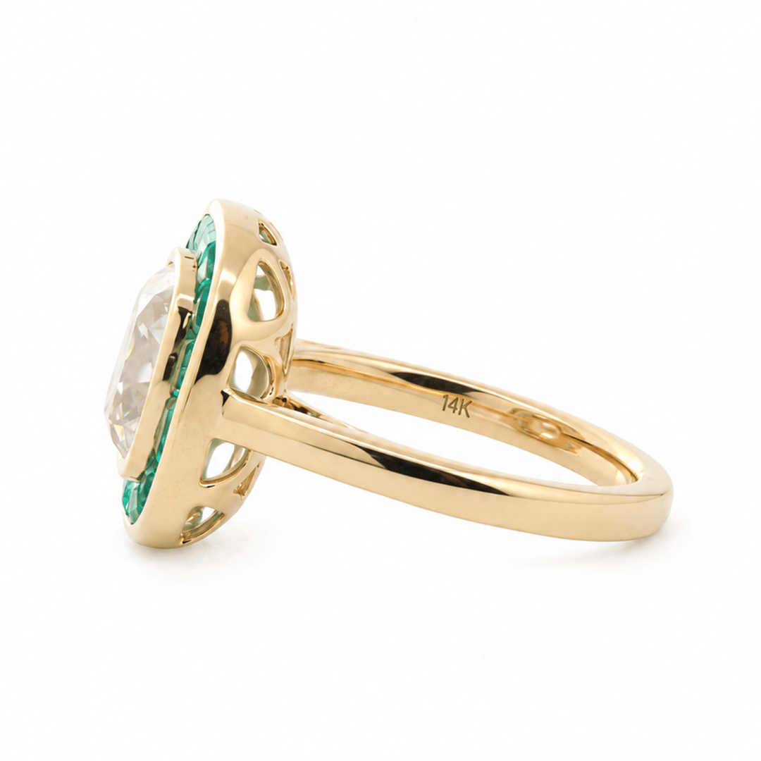 Old Mine-Cut Lab Diamond Bezel Ring with Tapered Baguette Emerald Halo - FIORESE JEWELRY
