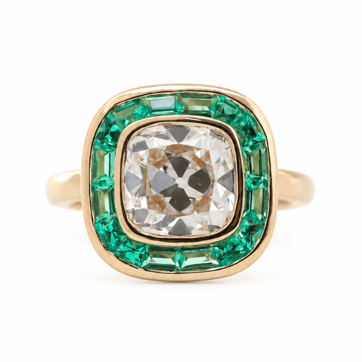 Old Mine-Cut Lab Diamond Bezel Ring with Tapered Baguette Emerald Halo - FIORESE JEWELRY