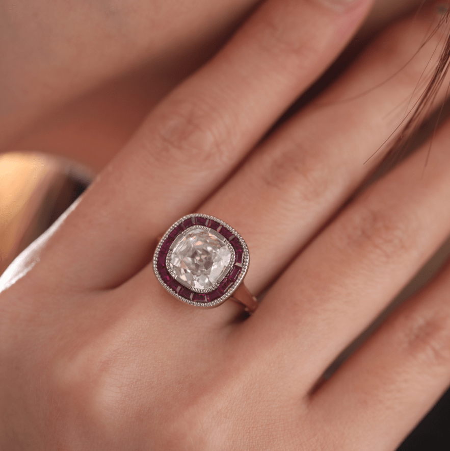 Old Mine-Cut Lab Diamond Millegrain Bezel Ring with Tapered Baguette Ruby Halo - FIORESE JEWELRY