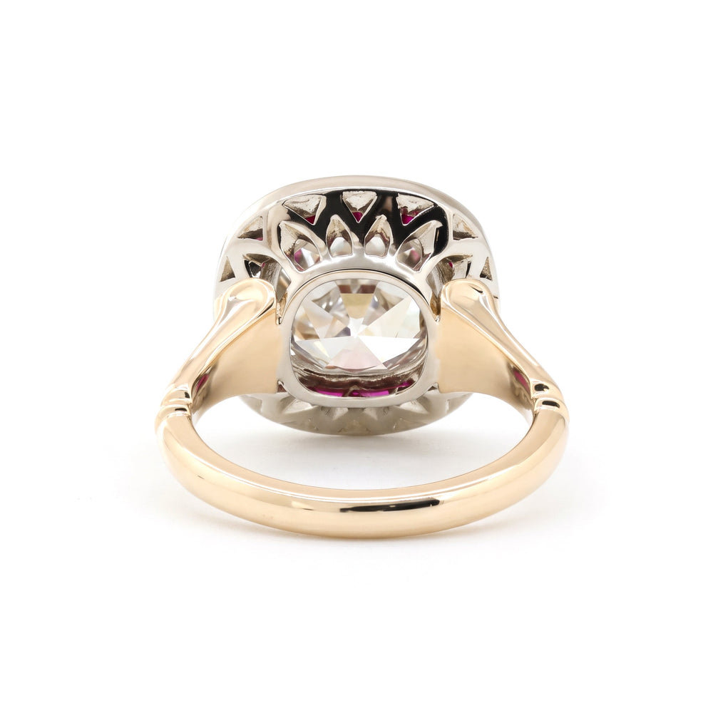 Old Mine-Cut Lab Diamond Millegrain Bezel Ring with Tapered Baguette Ruby Halo - FIORESE JEWELRY