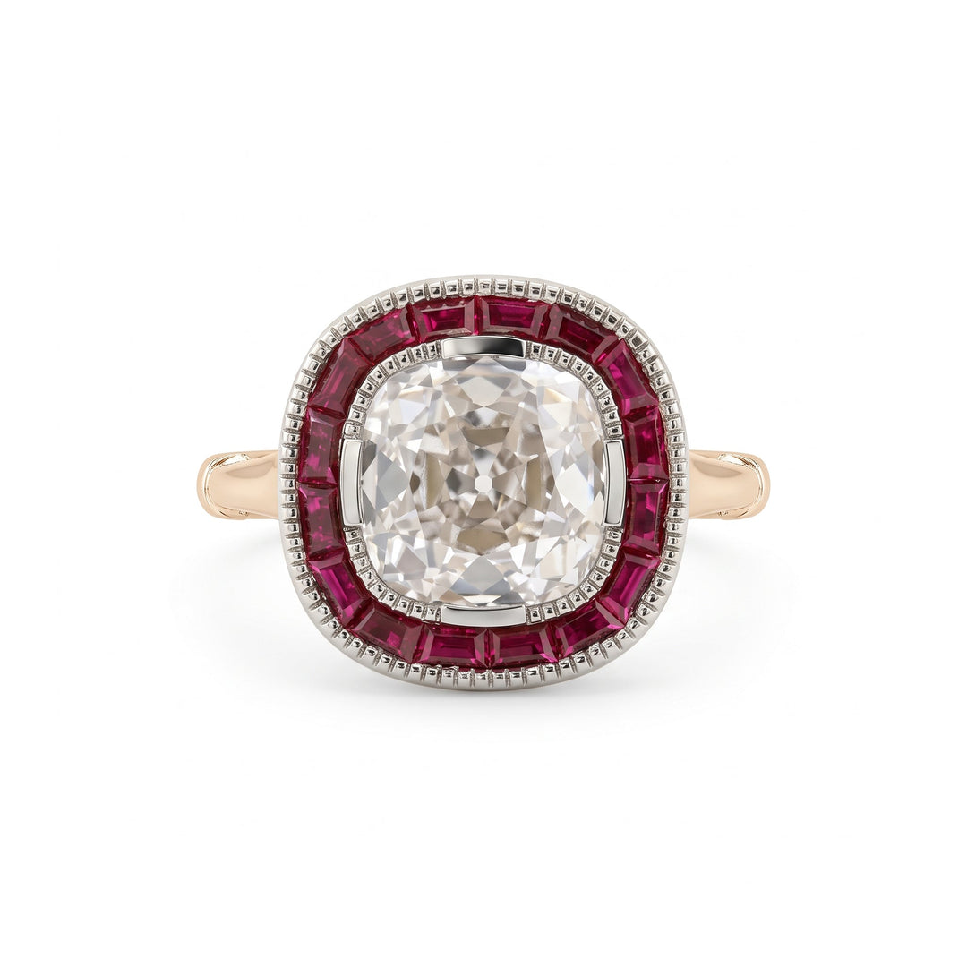 Old Mine-Cut Lab Diamond Millegrain Bezel Ring with Tapered Baguette Ruby Halo - FIORESE JEWELRY