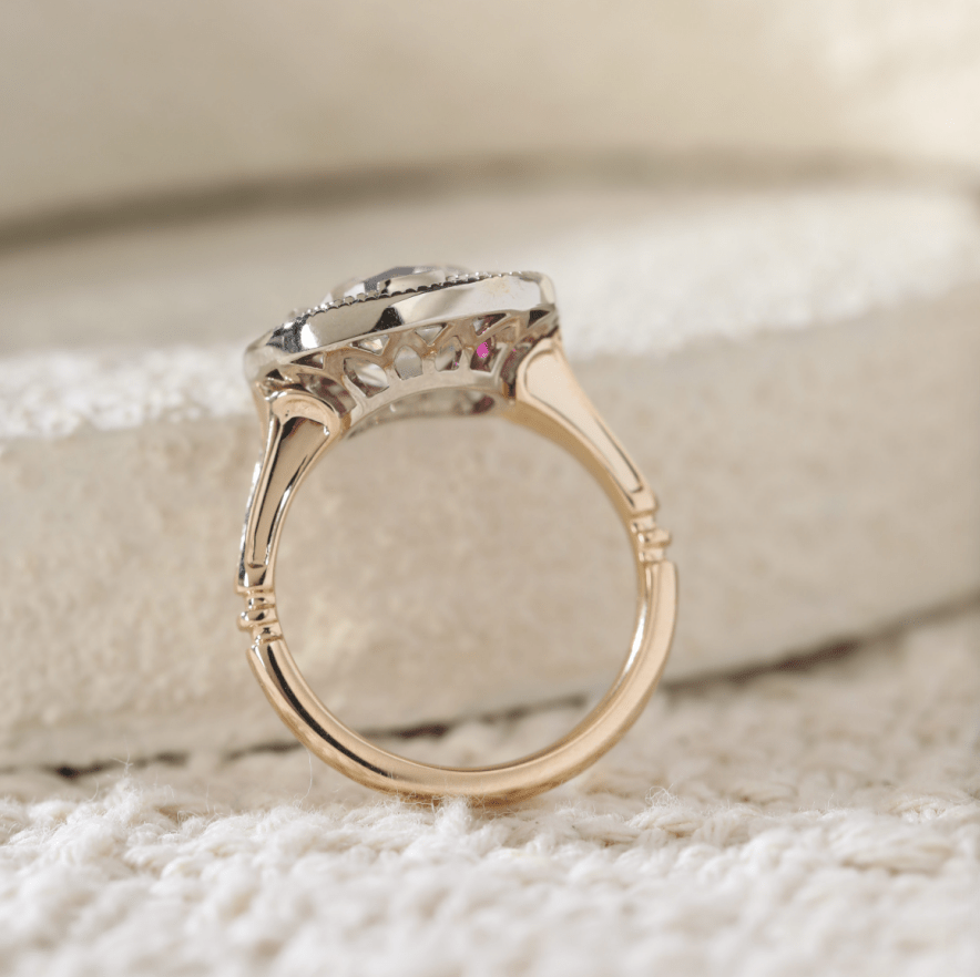 Old Mine-Cut Lab Diamond Millegrain Bezel Ring with Tapered Baguette Ruby Halo - FIORESE JEWELRY