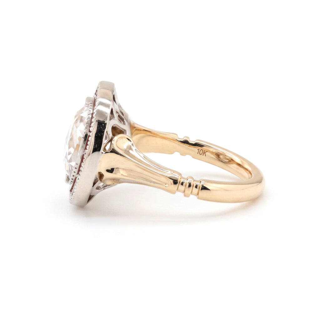 Old Mine-Cut Lab Diamond Millegrain Bezel Ring with Tapered Baguette Ruby Halo - FIORESE JEWELRY