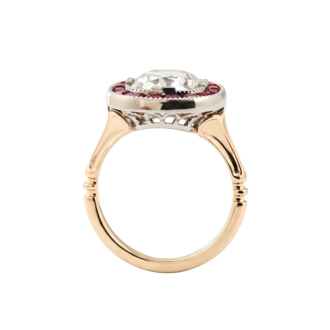 Old Mine-Cut Lab Diamond Millegrain Bezel Ring with Tapered Baguette Ruby Halo - FIORESE JEWELRY