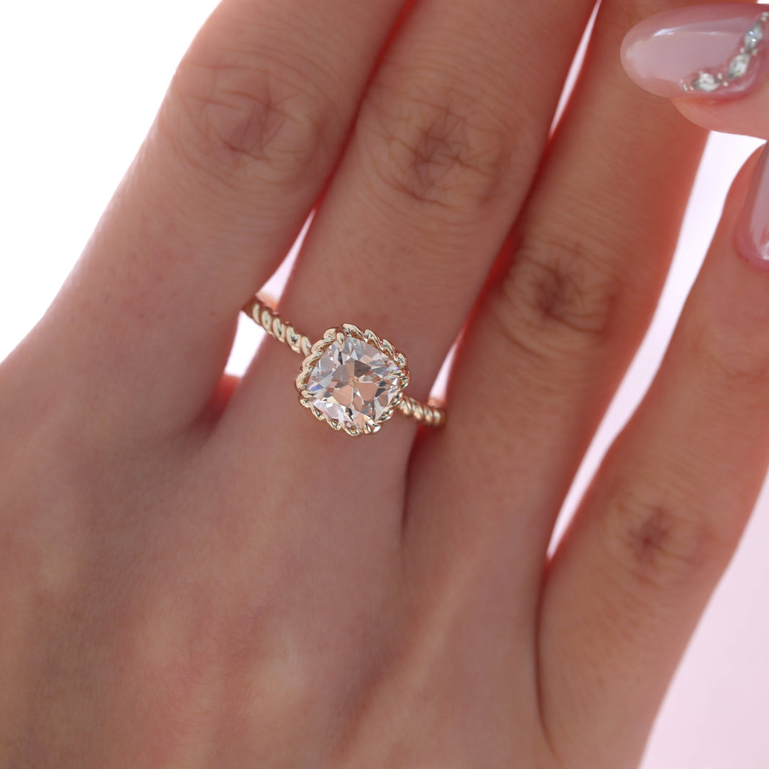 Old Mine-Cut Lab Diamond Solitaire Ring with Twisted Rope Gallery - FIORESE JEWELRY