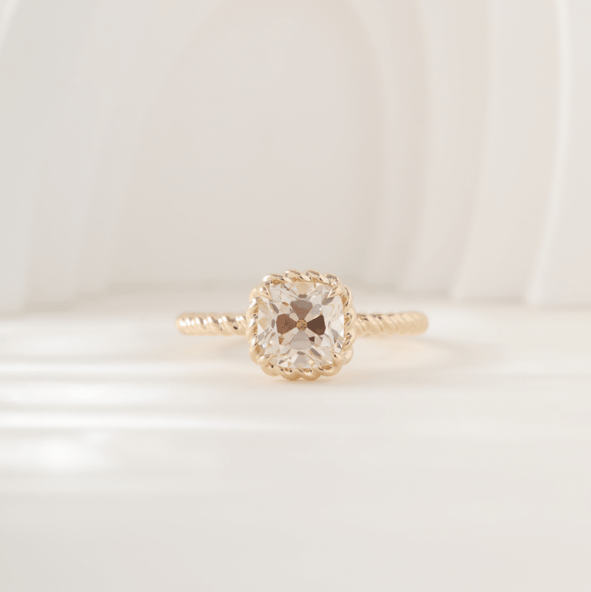Old Mine-Cut Lab Diamond Solitaire Ring with Twisted Rope Gallery - FIORESE JEWELRY