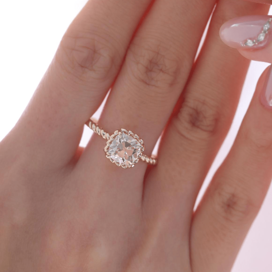 Old Mine-Cut Lab Diamond Solitaire Ring with Twisted Rope Gallery - FIORESE JEWELRY