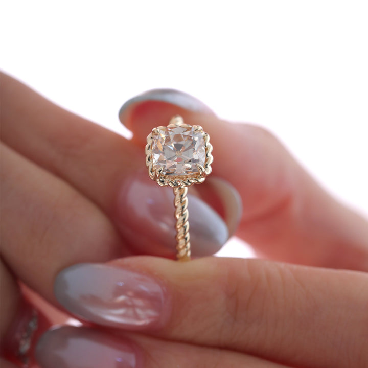 Old Mine-Cut Lab Diamond Solitaire Ring with Twisted Rope Gallery - FIORESE JEWELRY