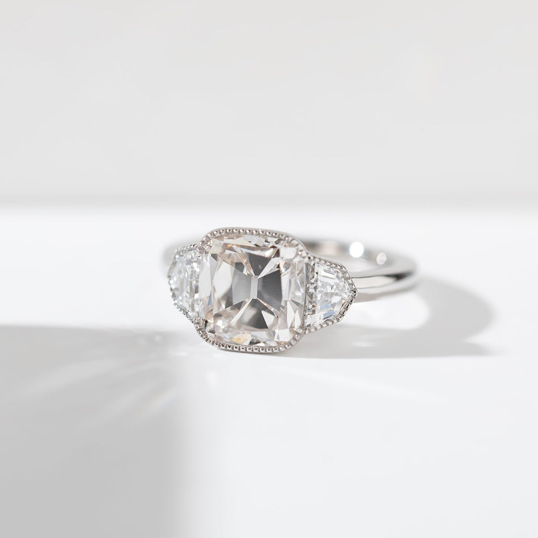 Old Mine - Cut Lab Diamond Three - Stone Ring with Cadillac Side Stones - FIORESE JEWELRY