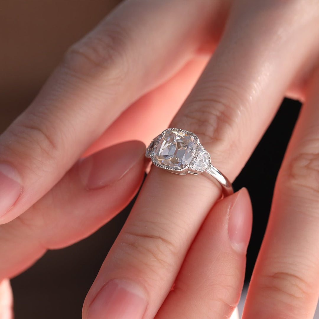 Old Mine - Cut Lab Diamond Three - Stone Ring with Cadillac Side Stones - FIORESE JEWELRY