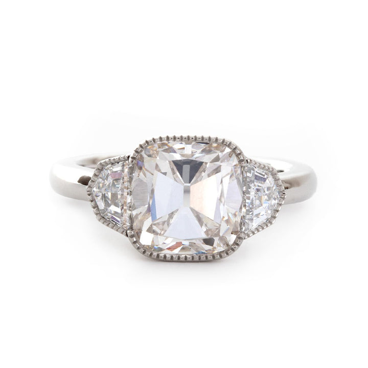 Old Mine - Cut Lab Diamond Three - Stone Ring with Cadillac Side Stones - FIORESE JEWELRY