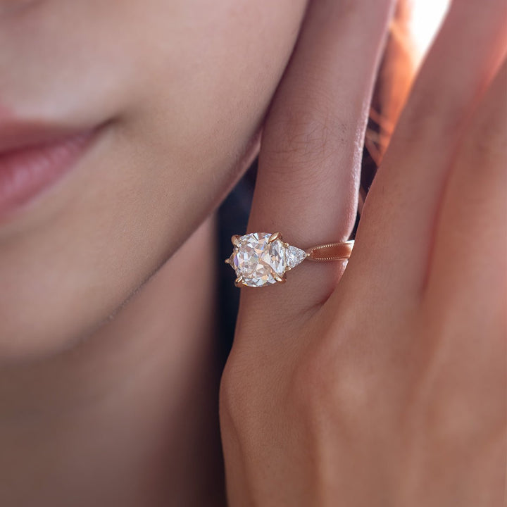 Old Mine - Cut Lab Diamond Three - Stone Ring with Trillion Side Stones - FIORESE JEWELRY